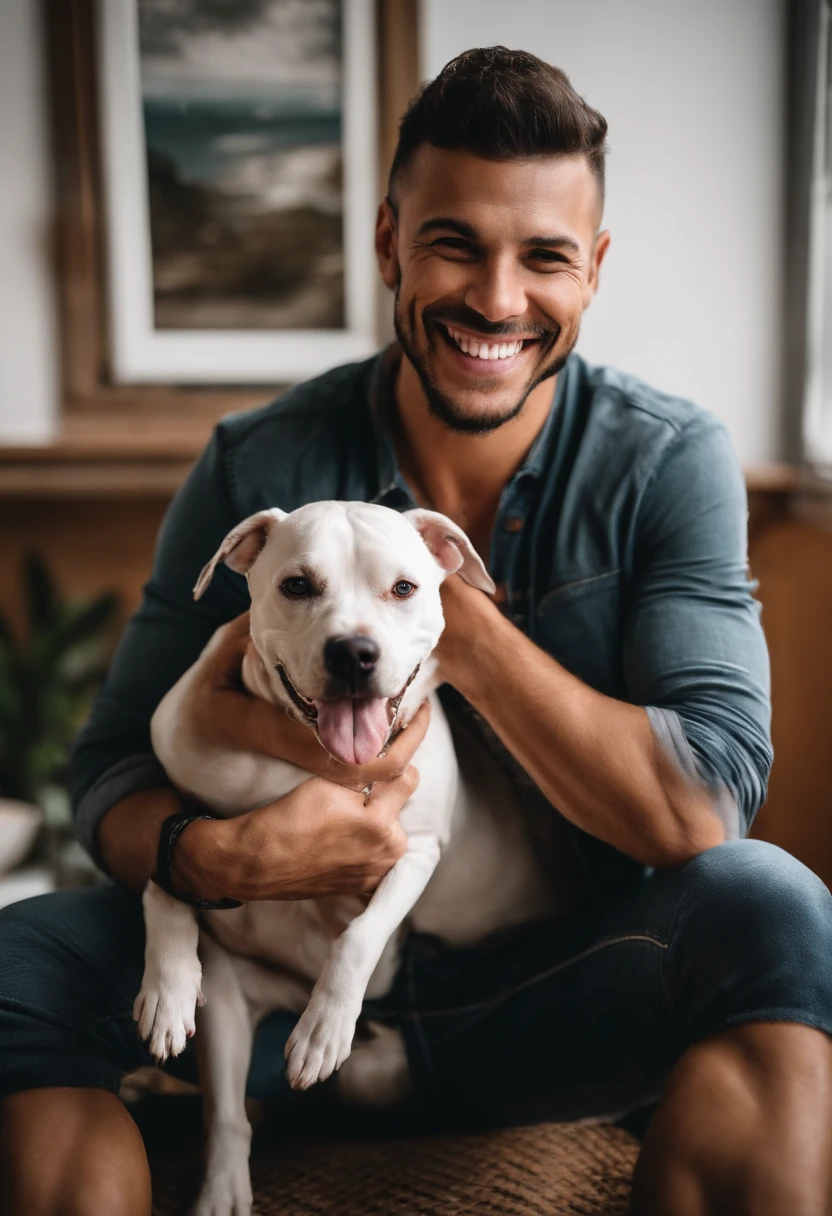 There's a man holding a dog in his arms in a kitchen, with his hyperactive little dog, selfie of a dog, Miniatura do YouTube, Ciborgue - Pitbull tirando uma selfie, 3 5 year brazilian mother, ele tem cerca de 20 anos | curto, happily smiling at the camera, he is very happy, mateus 9 5, fotografia