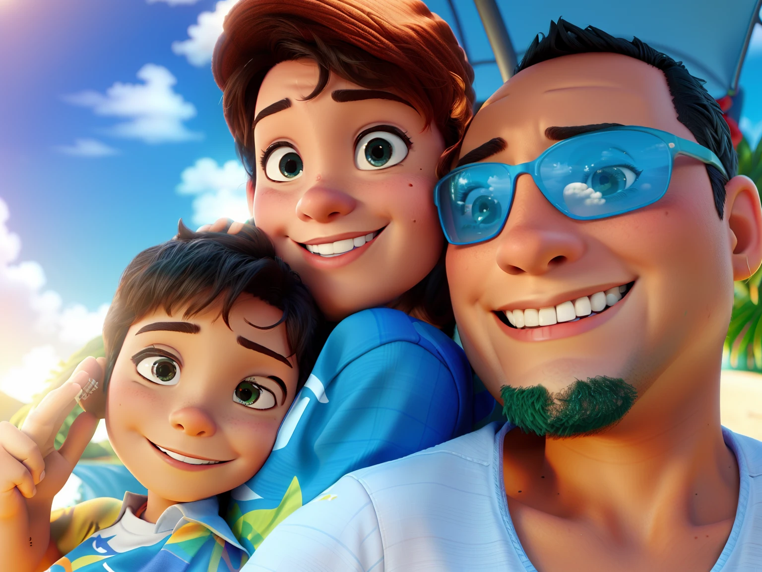 Criar capa de filme da Disney Pixar, the setting is in Hawaii, pai, Mom and son.