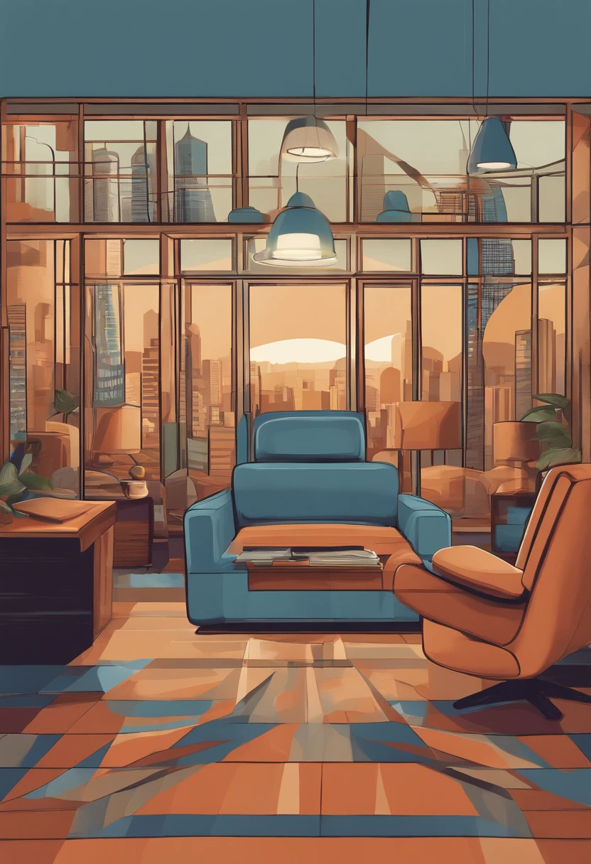 Pixar 3D style drawing of a cinema poster for a movie that takes place in an office in downtown Sao Paulo, greentech com plantas, sofas redondos e janelas, utilizando as cores laranja, azul marinho e roxo, uma parede grande de cimento queimado cinza, mesa de madeira com macboocks titulo do filme "A Casa do Startupeiro"