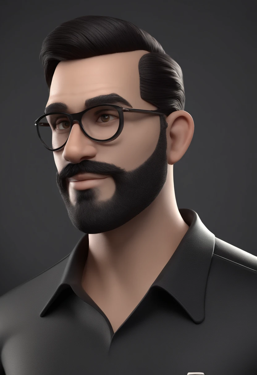 Cartoon character of a man with black glasses and a black polo shirt, cabelo liso, With beard and old school tattoo on his arm, animation character, Caractere estilizado, animation style rendering, 3D estilizado, Arnold Maya render, 3 d render stylized, toon render keyshot, Personagem 3D, Personagem 3D, 3d rendering stylized, 3 d character render, personagem de desenho animado, Personagem de close up, Pose de personagem,  (Estilo Pixar) (master part:1.2) (Bokeh) (best quality) (pele detalhada) (textura detalhada) (8k) (argila) (Cinematic lighting) (foco nítido