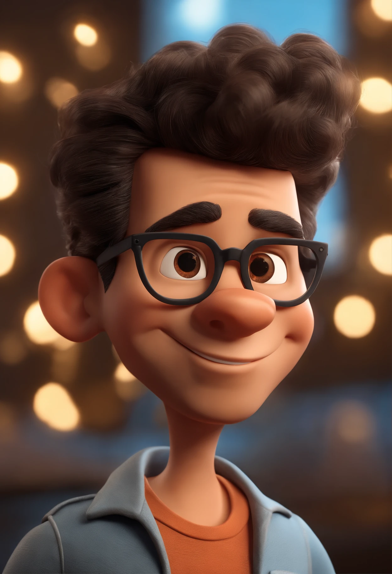 Cartoon character of a man with black glasses, cabelo cacheado marrom escuro e uma camisa azul, animation character, Caractere estilizado, animation style rendering, 3D estilizado, Arnold Maya render, 3 d render stylized, toon render keyshot, Personagem 3D, Personagem 3D, 3d rendering stylized, 3 d character render, personagem de desenho animado, Personagem de close up, Pose de personagem, (Estilo Pixar) (master part:1.2) (Bokeh) (best quality) (pele detalhada) (textura detalhada) (8k) (argila) (Cinematic lighting) (foco nítido