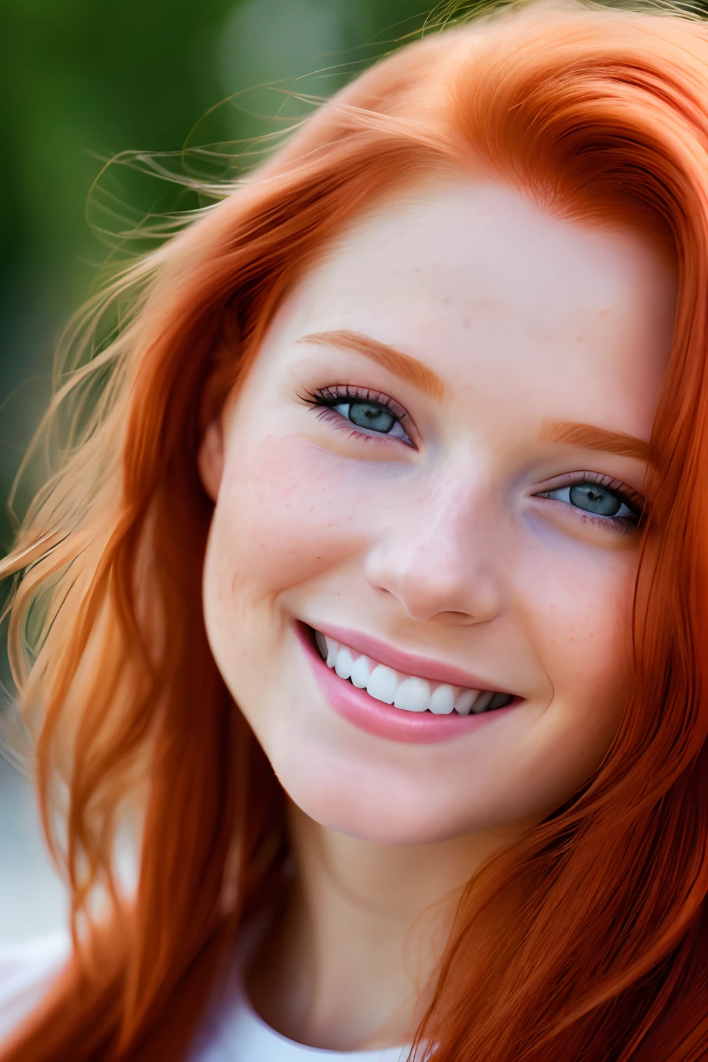 color photography, close-up, ((a realistic photo of a beautiful young redhead girl of 25 years smiling)), (Cyber_Girl_V3:0.99), light, ((bright skin)), looking_at_viewer, (fit body: 1.0), straight loose hair, detailed illustration, masterpiece, high quality, realistic, very detailed face, masterpiece
