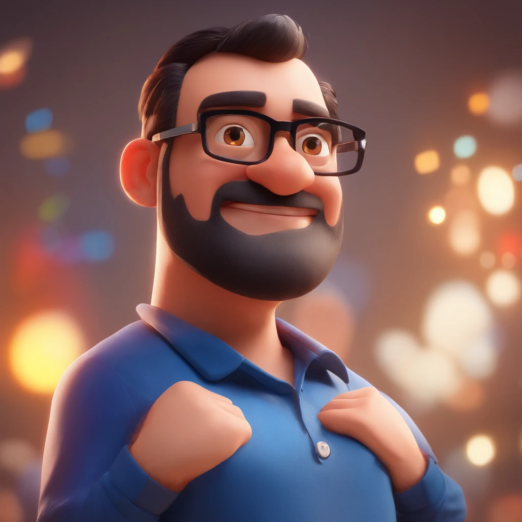 Cartoon character of a man wearing black glasses and a blue shirt, um personagem animado, Caractere estilizado, animation style rendering, 3D estilizado, Arnold Maya render, 3 d render stylized, toon render keyshot, Personagem 3D, Personagem 3D, 3d rendering stylized, 3 d character render, personagem de desenho animado, Personagem de close up, Pose de personagem, (Estilo Pixar) (master part:1.2) (Bokeh) (best quality) (pele detalhada) (textura detalhada) (8k) (argila) (Cinematic lighting) (foco nítido,Senta e vaza a parte superior do corpo