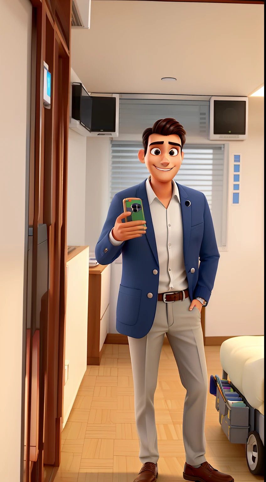 estilo pixar, Maintaining My Facial Appearance, com sorriso de leve, vestido de blazer no estilo casual, no ambiente de datacenter (onde fica os servidores, mostrando os cabos de redes, switch, roteadores e outros equipamentos similares). next door with MacBook connected to terminal with network diagnostics codes.