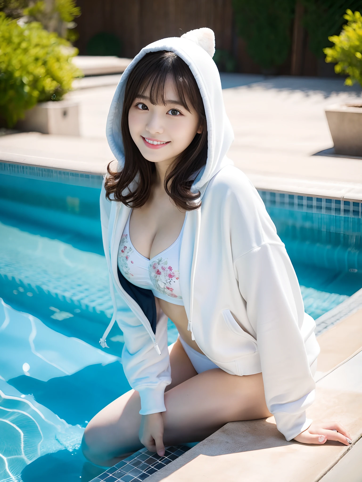Top image quality, 8K, masutepiece, studio shoot, Japan Girl(sixteen years old), kawaii, From above, posterior view, s ass, 二重まぶた, thick eyebrow, Teardrops, full body Esbian, frontage, White hoodie on jacket, large full breasts, Competitive swimsuit, light_Smile, A dark-haired, Curly Bobcat, in poolside