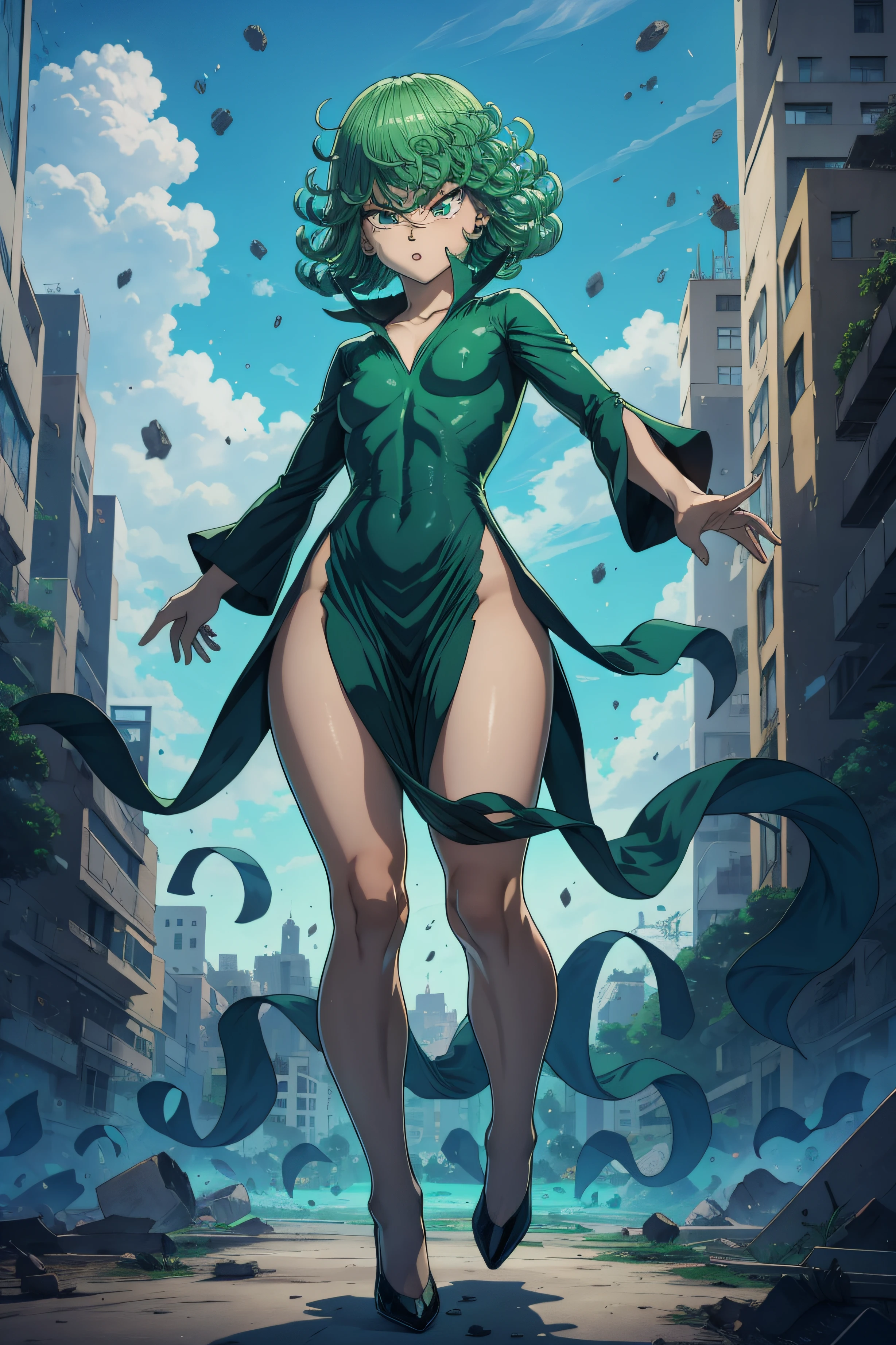 Tatsumaki de um homem de soco, cabelo verde curto, olhos verdes, peito pequeno, vestindo vestido preto de gola V, talons, whole body view, sorridente, Standing in a destroyed city, dynamic pose, Dynamic view,