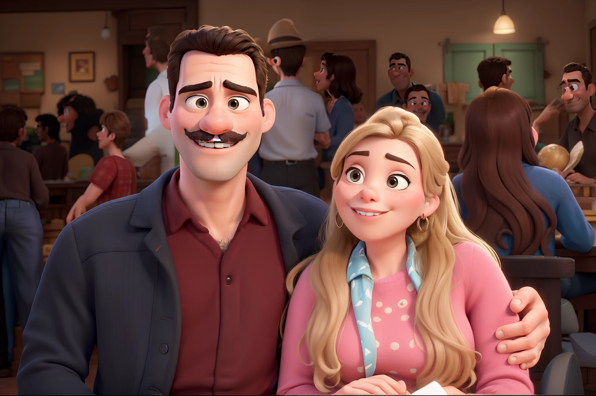 Obra-prima ao estilo Disney/Pixar in high quality and high resolution. couple cuddling, Man on the left is brunette with a black mustache next to a blonde woman