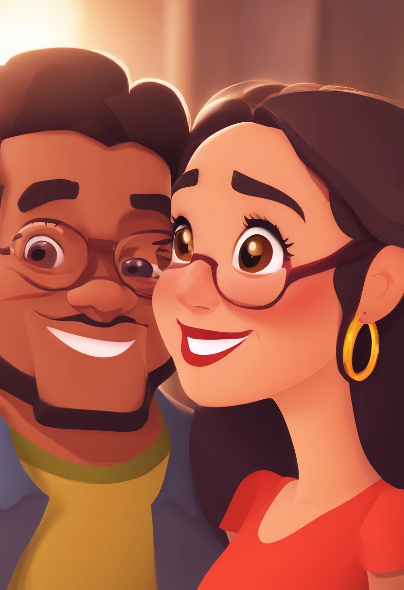An illustration of an adorable couple, Highlight for a chubby mulatto man with glasses smiling and a brunette woman with beautiful expressive eyes - the man's skin is mulatto and the man's hair haswhile the woman's skin is black and the woman's hair is straight and brown. They are a bright room, cada um com um sorriso no rosto, e compartilhar um momento especial caracterizado pelo amor, Insights. Illustrate this scene from a perspective where they are facing the camera, Smiling and Showing Your Connection. Desenvolva esta arte em Full HD, Focus on your cinematic touch, Estilo Disney Pixar Animations