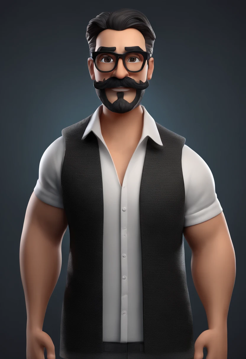 Cartoon character of a man wearing black glasses, camiseta preta, barba e bigode, gordinho, sorrindo, um personagem animado, Caractere estilizado, animation style rendering, 3D estilizado, Arnold Maya render, 3 d render stylized, T Rendering Keyshot