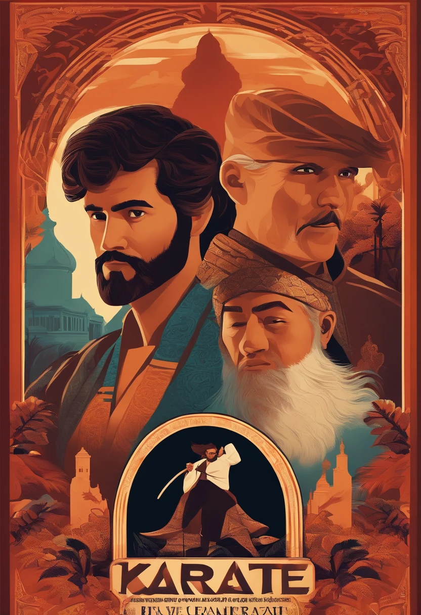 poster inspirado em disney pixar de um sensei de karate de 30 anos com barba curta e cabelo bem curto