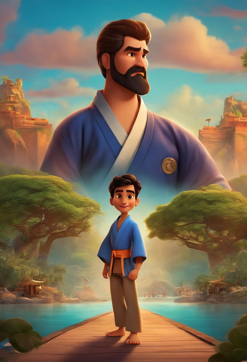 poster inspirado em disney pixar de um sensei de karate de 30 anos com barba curta e cabelo bem curto