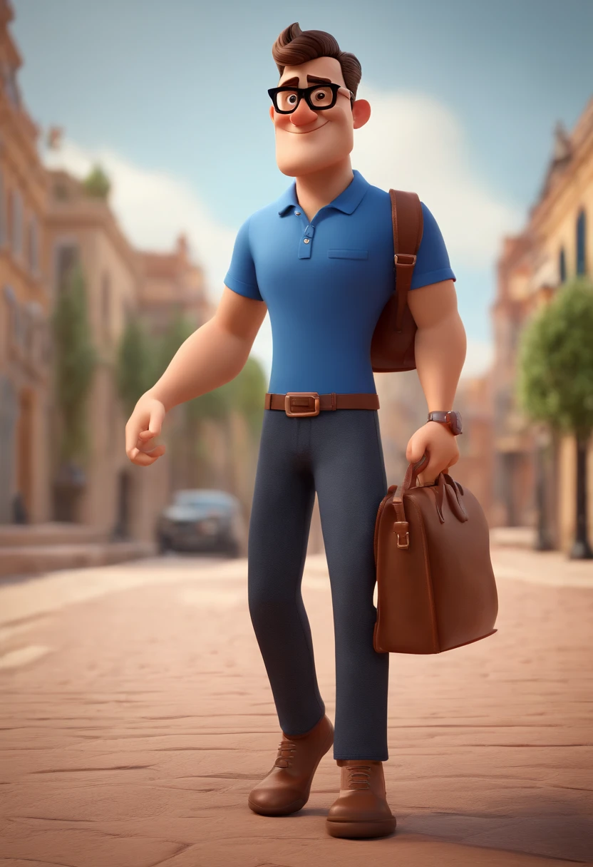 Cartoon character of a man wearing black glasses and a blue shirt, um personagem animado, Caractere estilizado, animation style rendering, 3D estilizado, Arnold Maya render, 3 d render stylized, toon render keyshot, Personagem 3D, Personagem 3D, 3d rendering stylized, 3 d character render, personagem de desenho animado, Personagem de close up, Pose de personagem, (Estilo Pixar) (master part:1.2) (Bokeh) (best quality) (pele detalhada) (textura detalhada) (8k) (argila) (Cinematic lighting) (foco nítido,Senta e vaza a parte superior do corpo