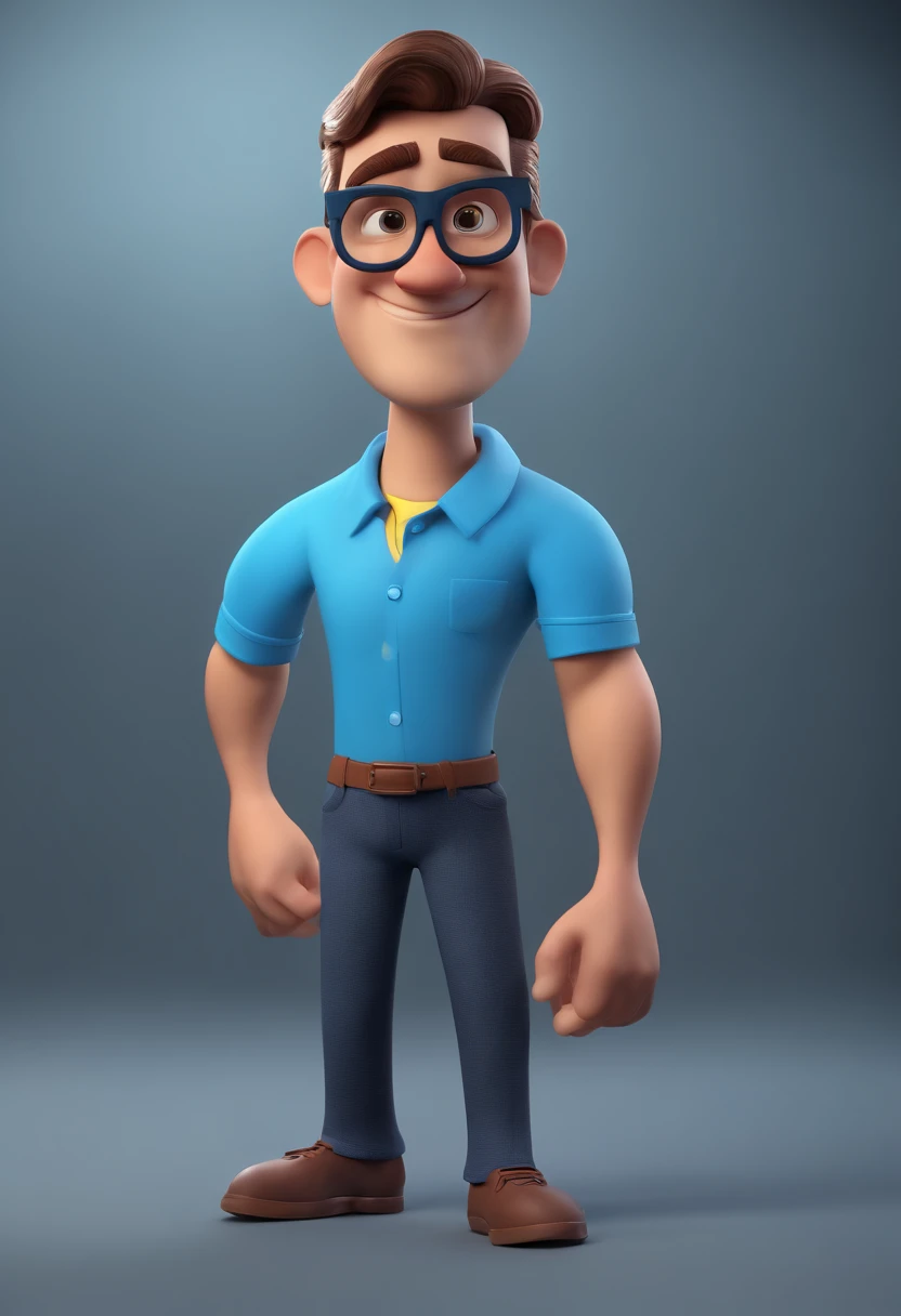 Cartoon character of a man wearing black glasses and a blue shirt, um personagem animado, Caractere estilizado, animation style rendering, 3D estilizado, Arnold Maya render, 3 d render stylized, toon render keyshot, Personagem 3D, Personagem 3D, 3d rendering stylized, 3 d character render, personagem de desenho animado, Personagem de close up, Pose de personagem, (Estilo Pixar) (master part:1.2) (Bokeh) (best quality) (pele detalhada) (textura detalhada) (8k) (argila) (Cinematic lighting) (foco nítido,Senta e vaza a parte superior do corpo