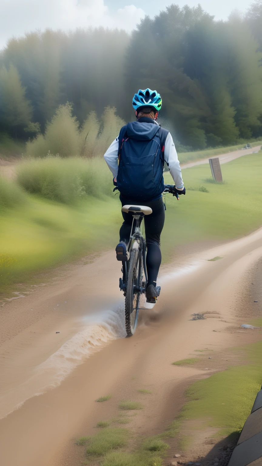 Il y a un homme qui fait du vélo sur un chemin de terre, essayer de le monter, vraiment essayer de le monter, Tir long de dos, Tir long de l’arrière, Précipitations et boue, Remblais boueux, beaucoup de flaques de boue et de cratères, la pluie et la boue, Âme pieuse, Faire du vélo, Prise sur iPhone 1 3 Pro