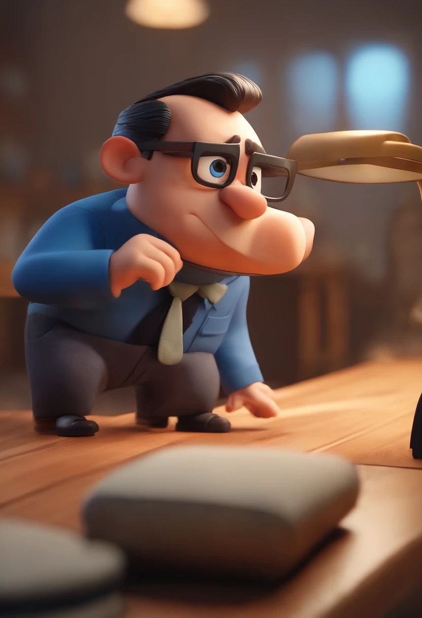 Cartoon character of a man wearing black glasses and a blue shirt, um personagem animado, Caractere estilizado, animation style rendering, 3D estilizado, Arnold Maya render, 3 d render stylized, toon render keyshot, Personagem 3D, Personagem 3D, 3d rendering stylized, 3 d character render, personagem de desenho animado, Personagem de close up, Pose de personagem, (Estilo Pixar) (master part:1.2) (Bokeh) (best quality) (pele detalhada) (textura detalhada) (8k) (argila) (Cinematic lighting) (foco nítido,Senta e vaza a parte superior do corpo