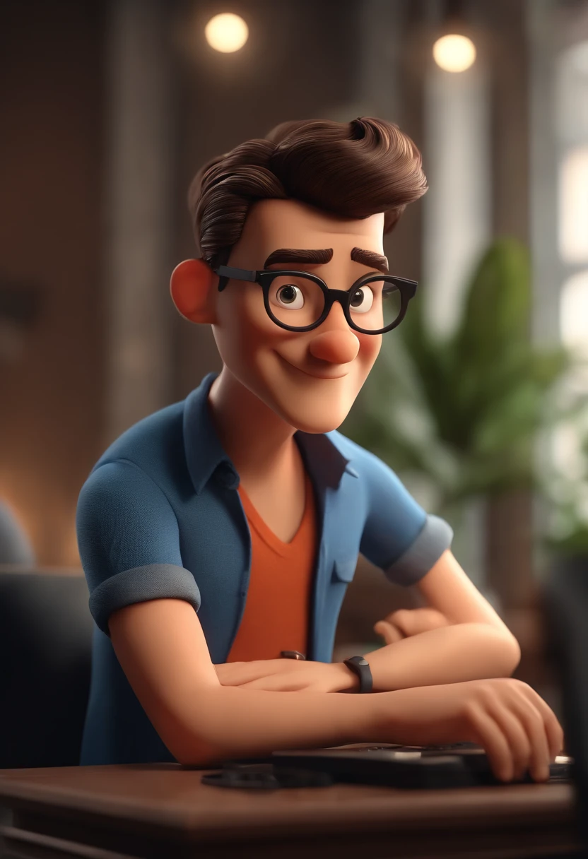 Cartoon character of a man wearing black glasses and a blue shirt, um personagem animado, Caractere estilizado, animation style rendering, 3D estilizado, Arnold Maya render, 3 d render stylized, toon render keyshot, Personagem 3D, Personagem 3D, 3d rendering stylized, 3 d character render, personagem de desenho animado, Personagem de close up, Pose de personagem, (Estilo Pixar) (master part:1.2) (Bokeh) (best quality) (pele detalhada) (textura detalhada) (8k) (argila) (Cinematic lighting) (foco nítido,Senta e vaza a parte superior do corpo