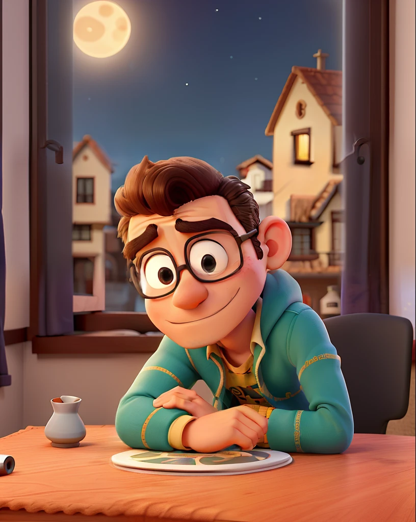 Um homem vestindo um terno como o do Jack skellington, veste uma capa de bruxo prata, Next to it is a small round table with a golden candlestick and in the background a window, cortinas cor de vinho, poses while looking at the camera sideways, cabelos pretos, rosto sem barba, rosto magro, In his hand a dark Zul umbrella, The sky that appears in the window is dark and starry