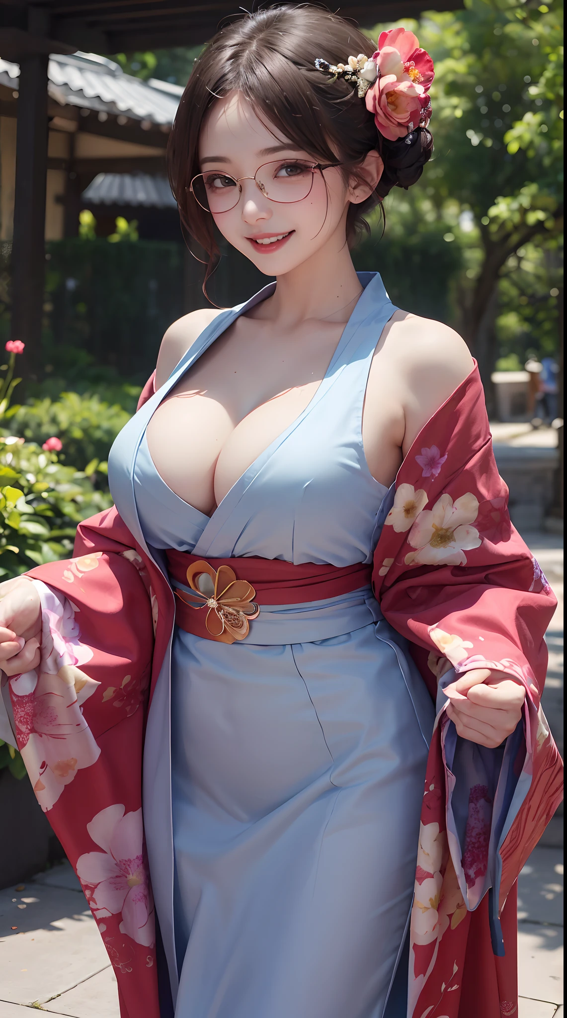 Pubic hair grows、Smile full of happiness、((()))、、、Panting face、Lacking、After being attacked、Sweating、Expression in a state of excitement、short-hair、eye glass、Floral kimono、(((The lower part of the body is bare)))、big breasts, 20 year old