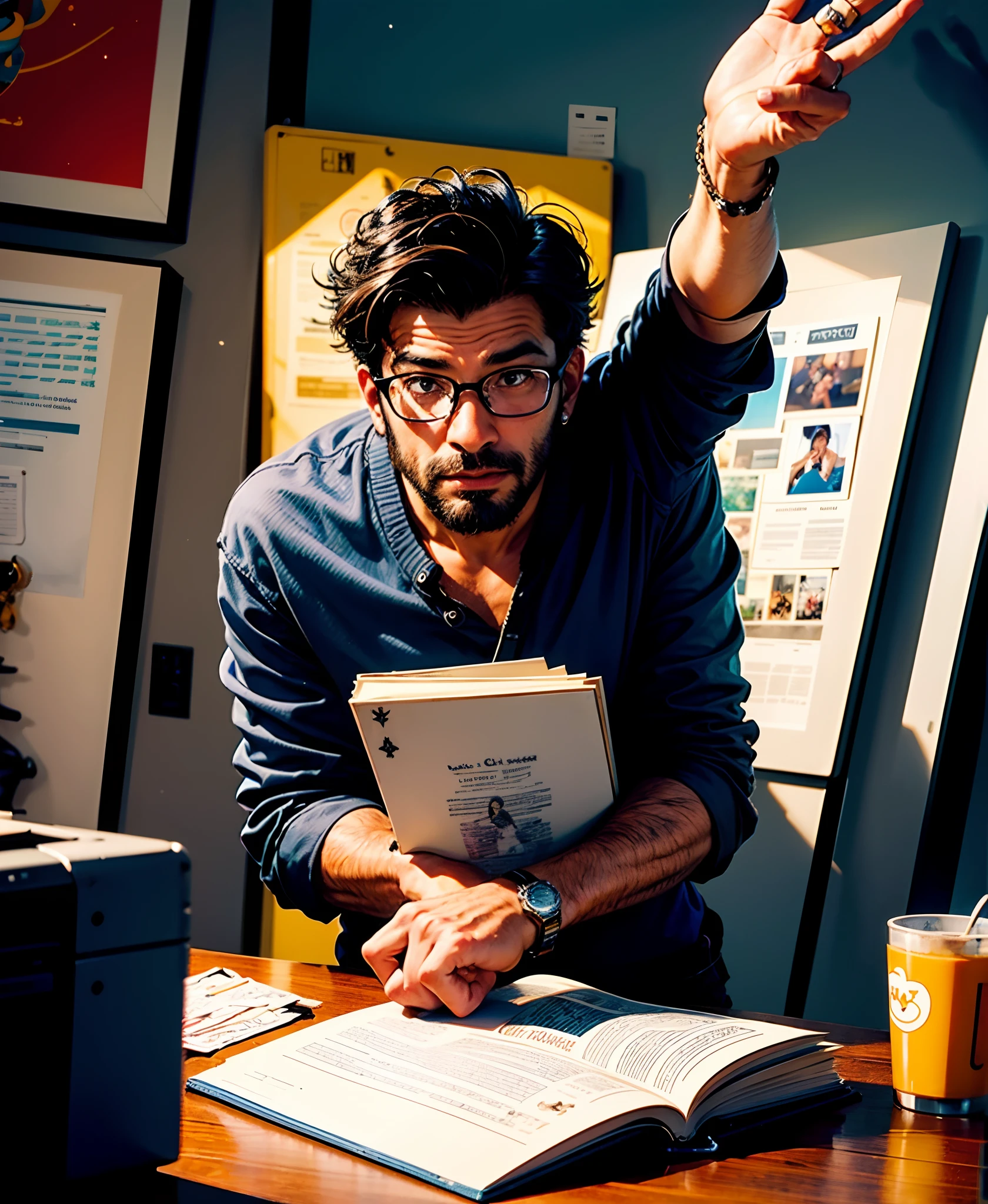 Crie um cartaz inspirado na Disney Pixar com o personagem sendo o pastor Guilherme Frabio Ferraz Silva, A dark-haired man wearing glasses, in an office with a Bible on the table