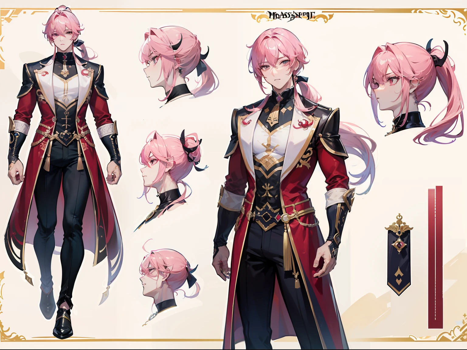 ((Masterpiece, Highest quality)), Male, boy, Detailed face, character design sheet， full bodyesbian, Full of details, frontal body view, back body view, Highly detailed, Depth, Many parts, Muscle boy with ponytail long pink hair，handsome man, muscle body, vampire outfit clothes, Genshin Impact, man tall,