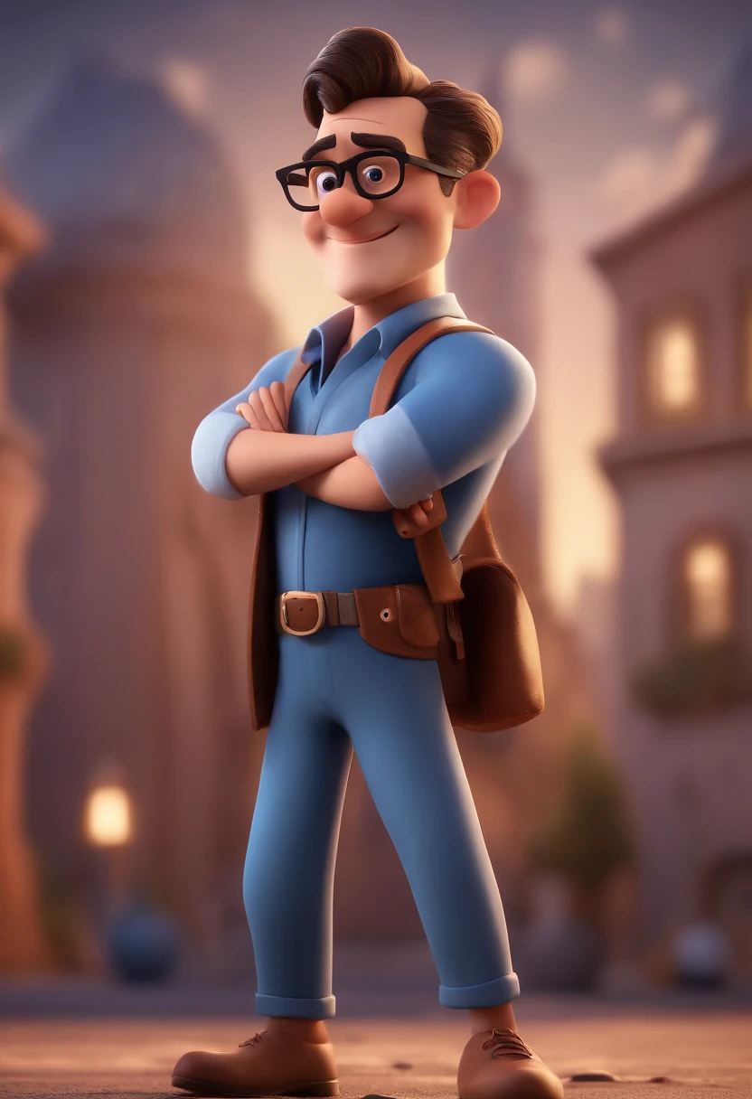 Cartoon character of a man with black glasses and a blue shirt, animation character, Caractere estilizado, animation style rendering, 3D estilizado, Arnold Maya render, 3 d render stylized, toon render keyshot, Personagem 3D, Personagem 3D, 3d rendering stylized, 3 d character render, personagem de desenho animado, Personagem de close up, Pose de personagem,  (Estilo Pixar) (master part:1.2) (Bokeh) (best quality) (pele detalhada) (textura detalhada) (8k) (argila) (Cinematic lighting) (foco nítido