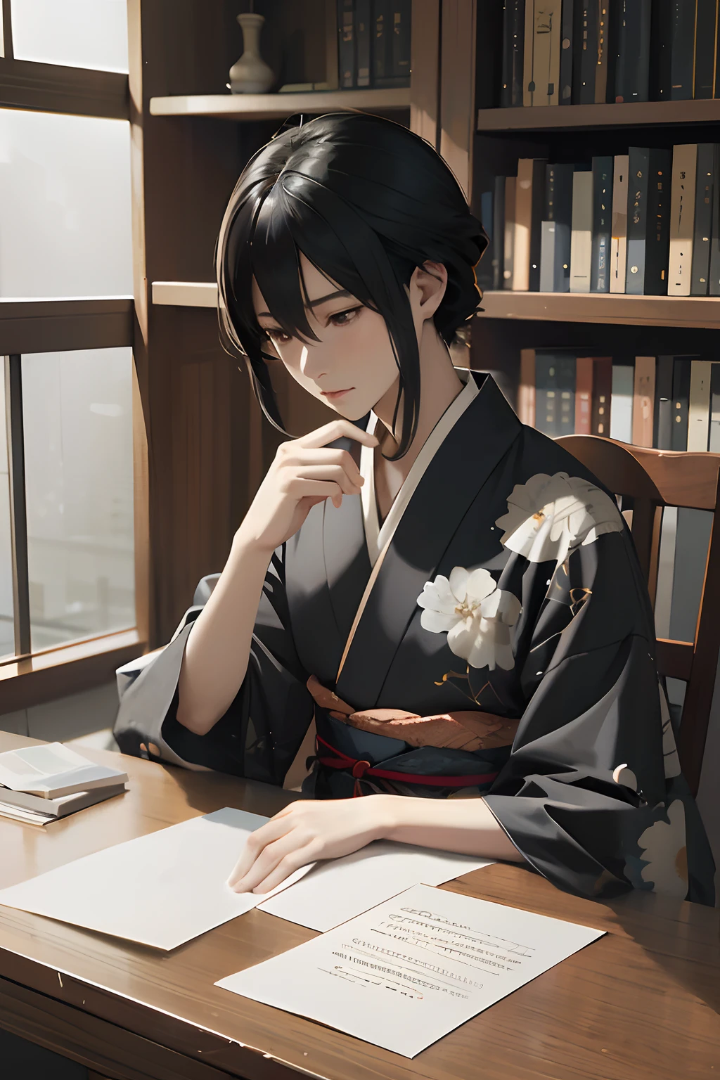 Sitting at a desk、There is a woman holding a pen in her hand, Beautiful Anime Portrait, japanese anime artist drawn, makoto sinkai, in a kimono, Anime Realism Style, anime style 4 k, painted in anime painter studio, Smooth Anime CG Art, realistic anime 3 d style, in a kimono, artwork in the style of guweiz, anime realism