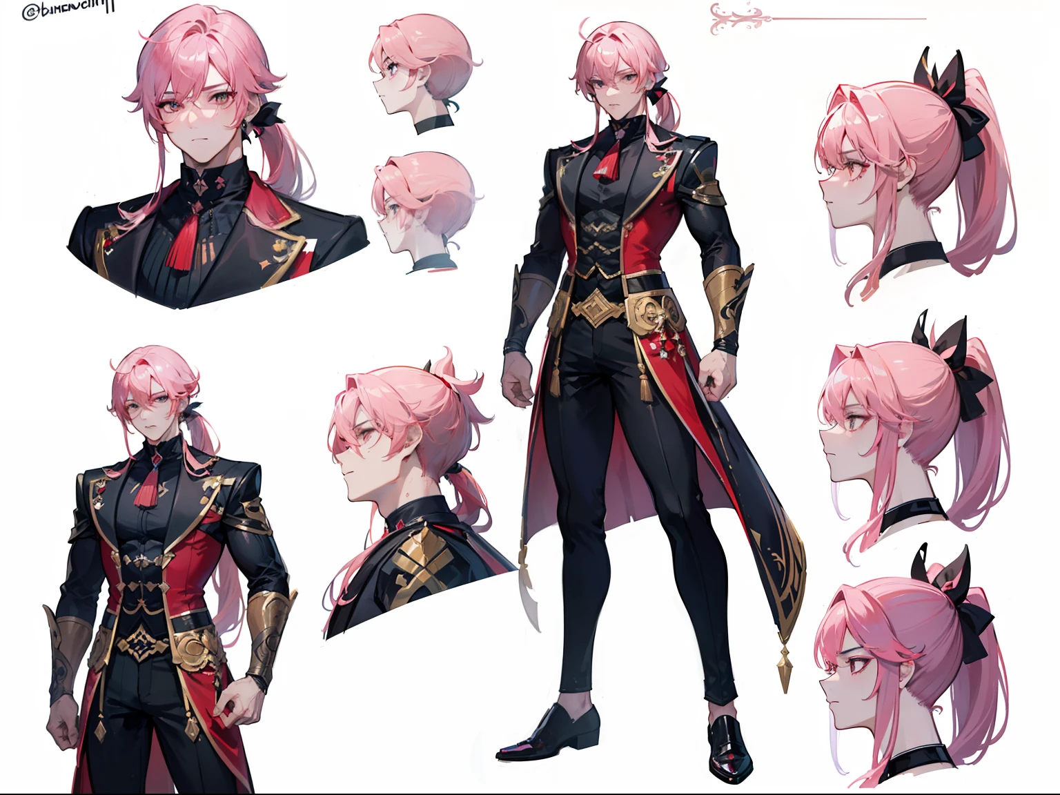 ((Masterpiece, Highest quality)), Male, boy, Detailed face, character design sheet, full bodyesbian, Full of details, frontal body view, back body view, Highly detailed, Depth, Many parts, Muscle boy with ponytail long pink hair,handsome man, muscle body, vampire outfit clothes, Genshin Impact, man tall,
