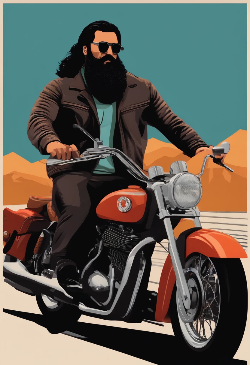 a 3D Disney Pixar style poster 30 year old dark brunette man with long black beard and glasses, usando um colete de moto clube e pilotando uma shadow 750 preta em um passeio de motocicleta em estrada de montanhas
