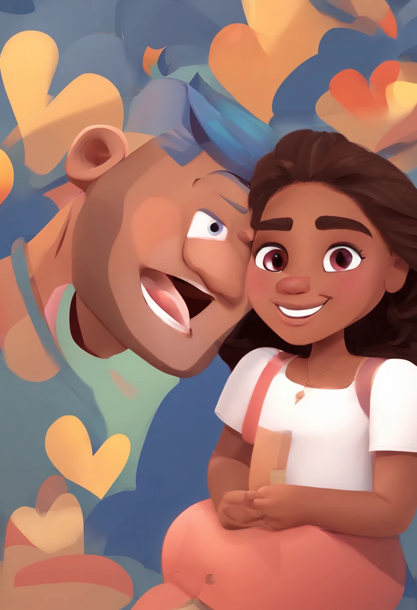 An illustration of an adorable couple, Highlight for a chubby mulatto man with glasses smiling and a brunette woman with beautiful expressive eyes - the man's skin is mulatto and the man's hair haswhile the woman's skin is black and the woman's hair is straight and brown. They are a bright room, cada um com um sorriso no rosto, e compartilhar um momento especial caracterizado pelo amor, Insights. Illustrate this scene from a perspective where they are facing the camera, Smiling and Showing Your Connection. Desenvolva esta arte em Full HD, Focus on your cinematic touch, Estilo Disney Pixar Animations