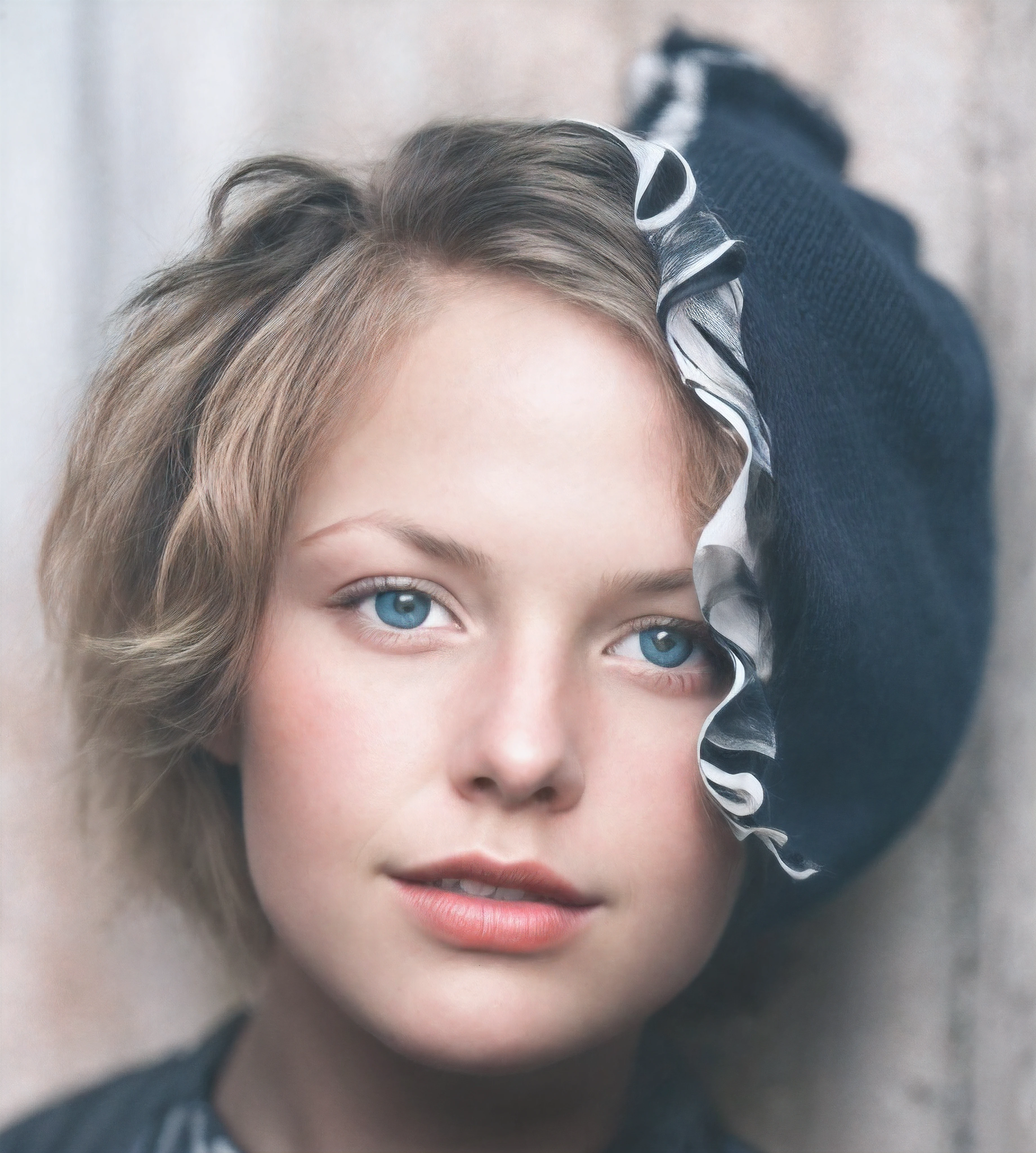 There is a young girl 9y old with blonde hair with an antique black and white cedar hat, blue eyes, a black dress, raw photo, amazing photograph, best quality, 8K, high quality, Ultra detailed, (best quality), (high detailed skin, full sharp:1.2), 8k uhd, dslr, detailed face