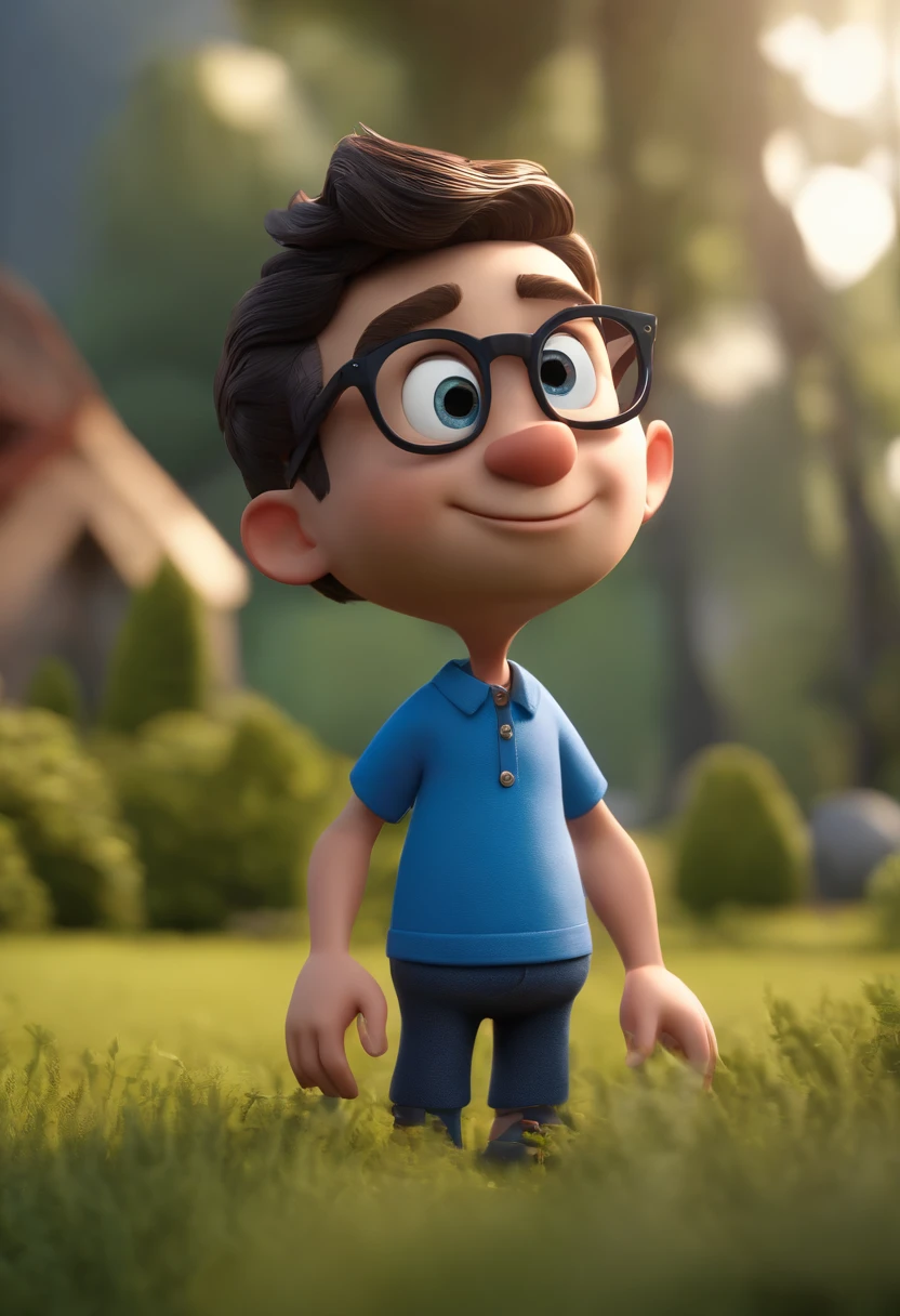 Cartoon character of a man wearing black glasses and a blue shirt, um personagem animado, Caractere estilizado, animation style rendering, 3D estilizado, Arnold Maya render, 3 d render stylized, toon render keyshot, Personagem 3D, Personagem 3D, 3d rendering stylized, 3 d character render, personagem de desenho animado, Personagem de close up, Pose de personagem, (Estilo Pixar) (master part:1.2) (Bokeh) (best quality) (pele detalhada) (textura detalhada) (8k) (argila) (Cinematic lighting) (foco nítido,Senta e vaza a parte superior do corpo