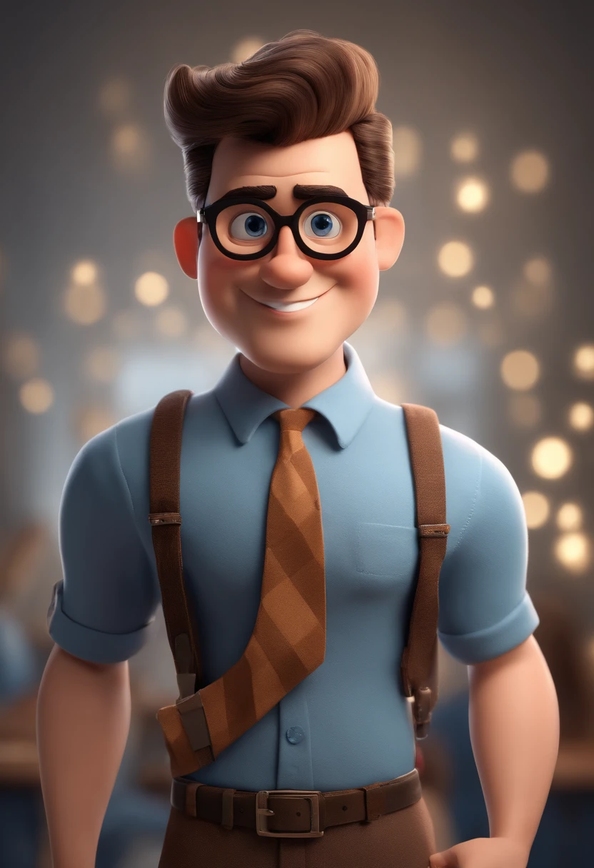 Cartoon character of a man wearing black glasses and a blue shirt, um personagem animado, Caractere estilizado, animation style rendering, 3D estilizado, Arnold Maya render, 3 d render stylized, toon render keyshot, Personagem 3D, Personagem 3D, 3d rendering stylized, 3 d character render, personagem de desenho animado, Personagem de close up, Pose de personagem, (Estilo Pixar) (master part:1.2) (Bokeh) (best quality) (pele detalhada) (textura detalhada) (8k) (argila) (Cinematic lighting) (foco nítido,Senta e vaza a parte superior do corpo