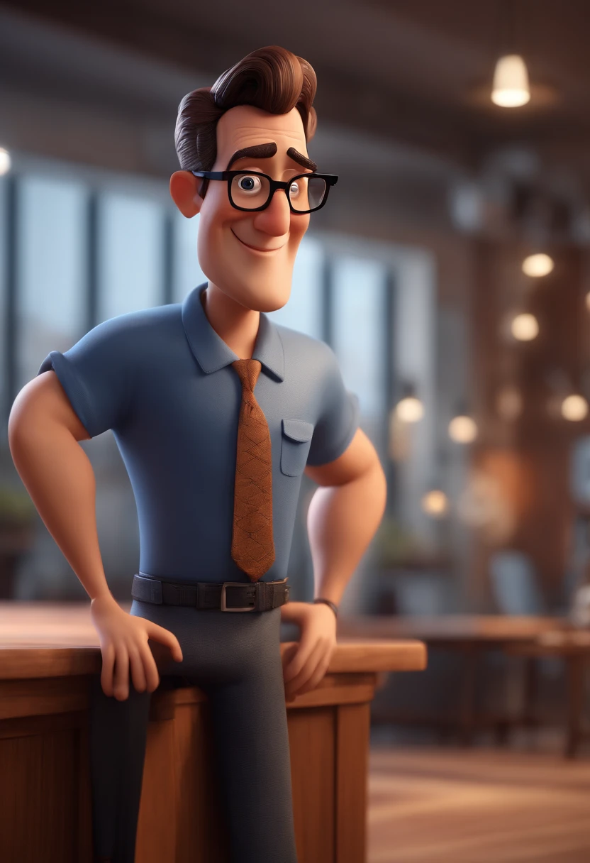 Cartoon character of a man with black glasses and a blue shirt, animation character, Caractere estilizado, animation style rendering, 3D estilizado, Arnold Maya render, 3 d render stylized, toon render keyshot, Personagem 3D, Personagem 3D, 3d rendering stylized, 3 d character render, personagem de desenho animado, Personagem de close up, Pose de personagem, (Estilo Pixar) (master part:1.2) (Bokeh) (best quality) (pele detalhada) (textura detalhada) (8k) (argila) (Cinematic lighting) (foco nítido