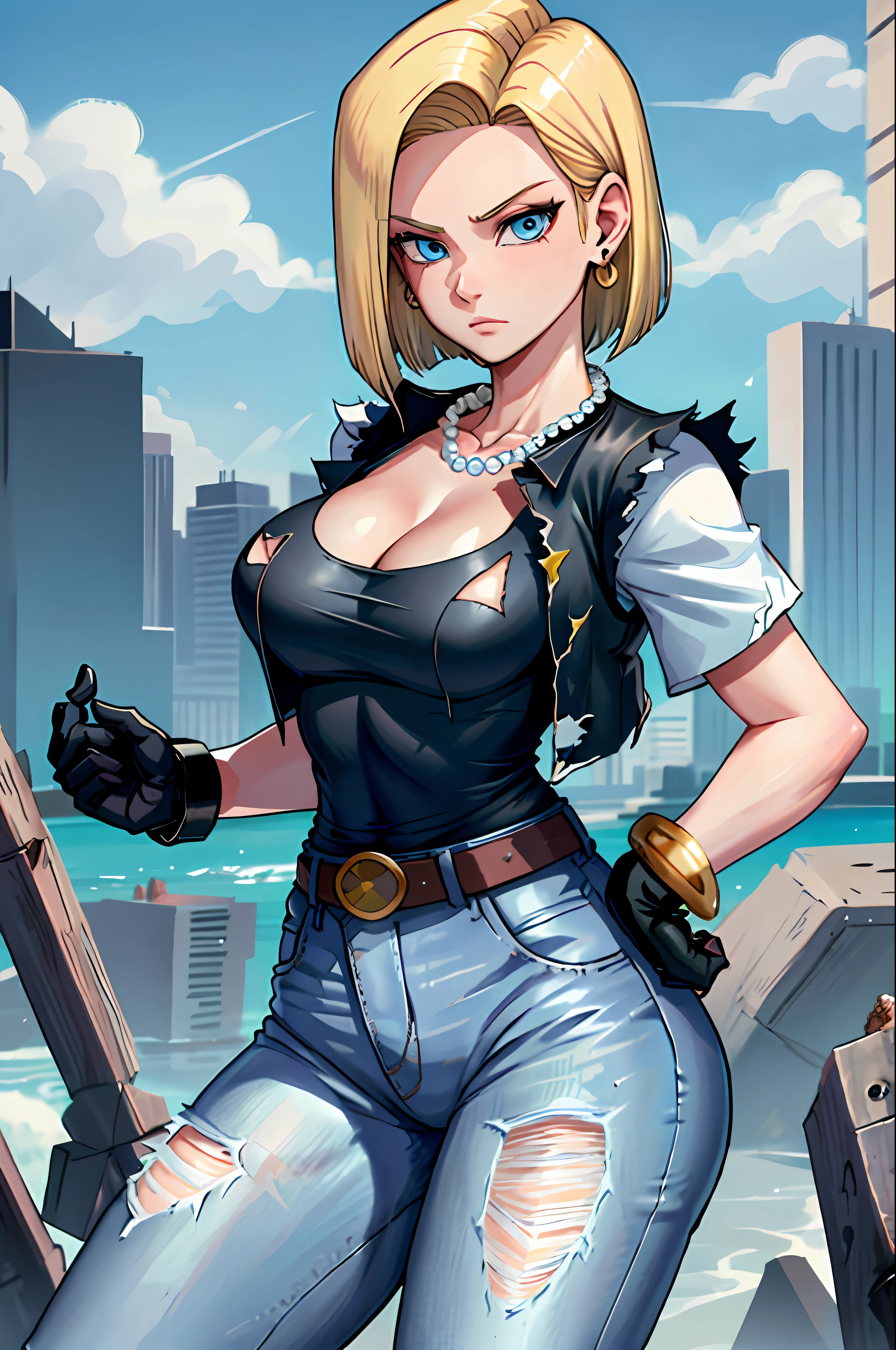 best quality, high definition, and18, 1girl, Android 18, solo, blonde hair, blue eyes, belt, jeans, pearl_necklace, bracelet, black gloves, cleavage, white shirt, short hair, short sleeves, earrings, blue pants, open vest, black vest, big breasts, wide hips, ass, legs apart, city, (torn clothes: 1.5), erotica, standing, expressionless,