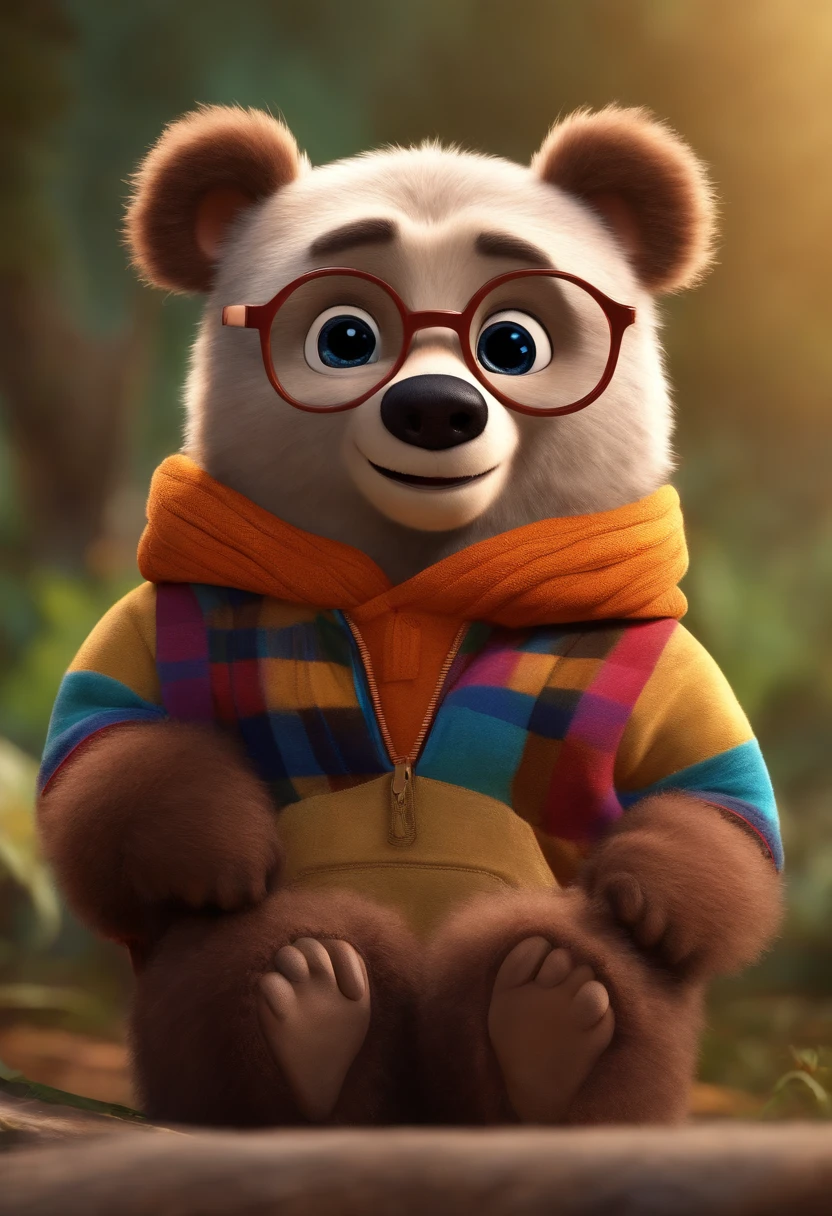  estilo desenho animado, Pixar, wearing round glasses, segurando um urso de pelucia, roupa de escoteiro,