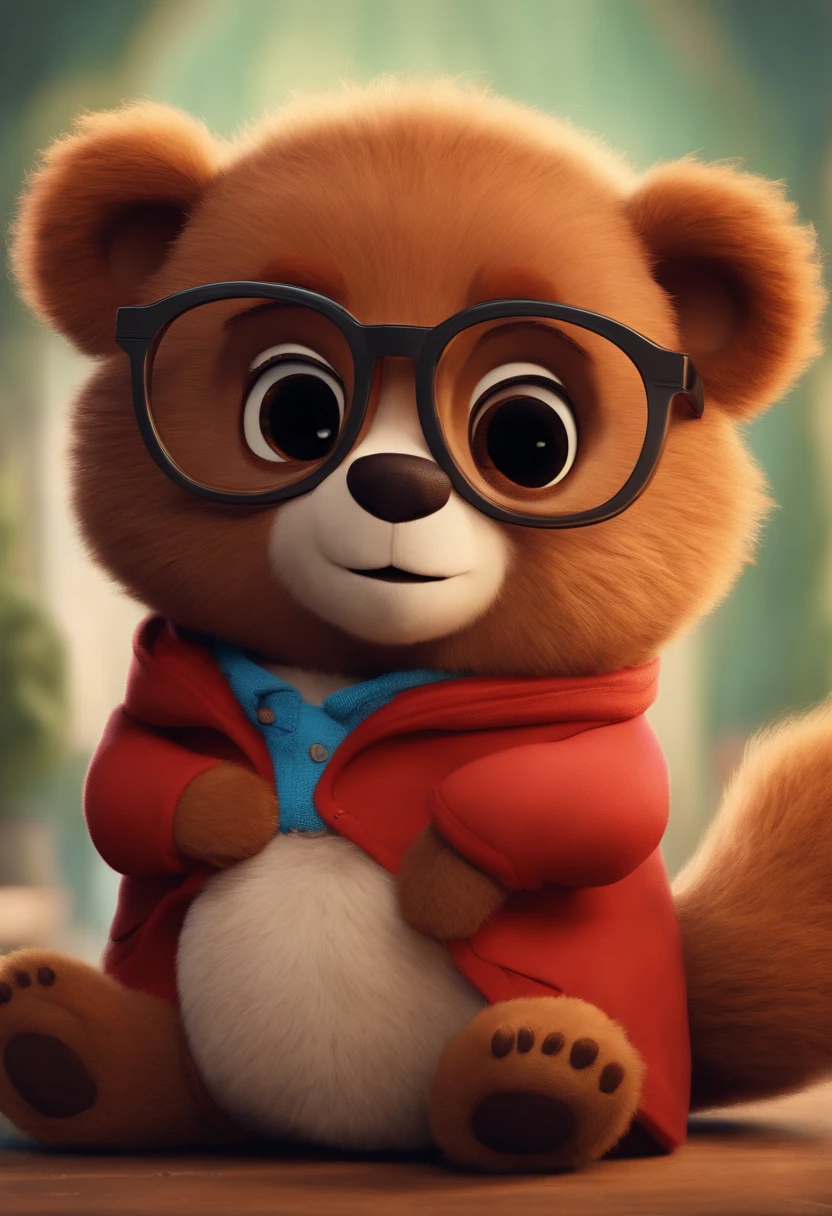 Menino estilo desenho animado, Pixar, wearing round glasses, segurando um urso de pelucia, roupa de escoteiro,