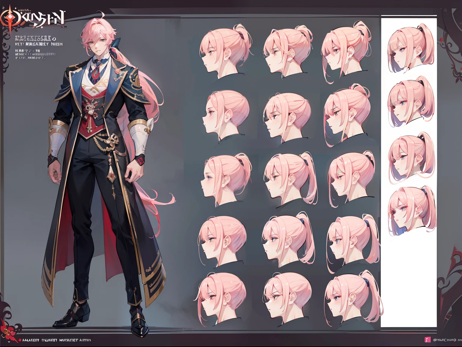 ((Masterpiece, Highest quality)), Male, boy, Detailed face, character design sheet, full bodyesbian, Full of details, frontal body view, back body view, Highly detailed, Depth, Many parts, Muscle boy with ponytail long pink hair,handsome man, muscle body, vampire outfit clothes, Genshin Impact, man tall,