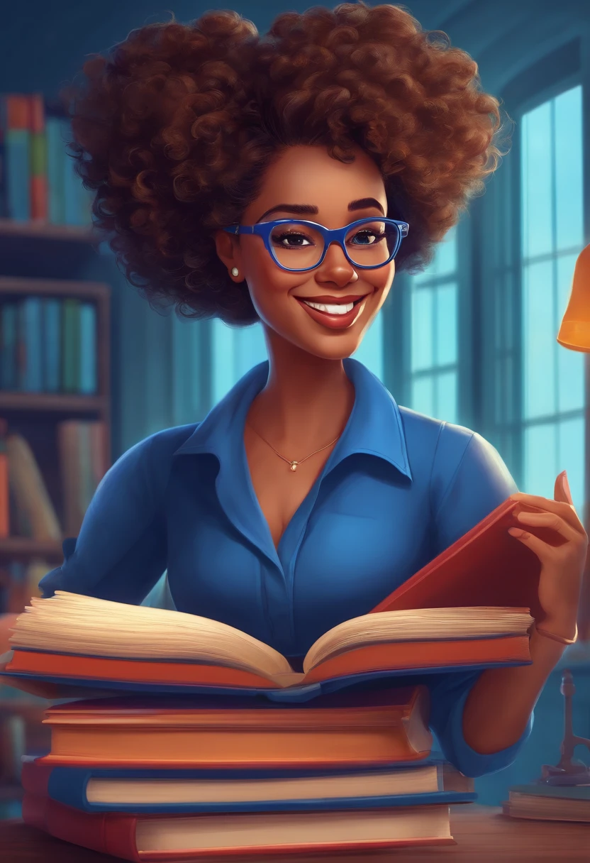 Cartoon character of a female teacher with books, pencil and pen, curly hair below the shoulder with blue clothes with a lighted environment, blue glasses and with a charming smile