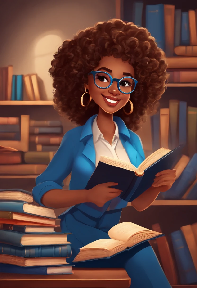 Cartoon character of a female teacher with books, pencil and pen, curly hair below the shoulder with blue clothes with a lighted environment, blue glasses and with a charming smile
