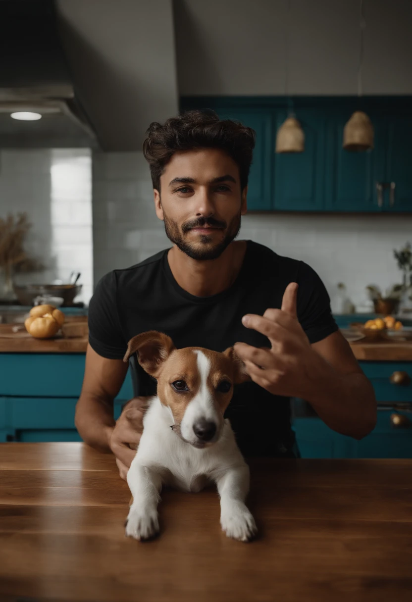 There's a man holding a dog in his arms in a kitchen, selfie of a dog, with his hyperactive little dog, caio santos, mateus 9 5, Directed by: Nandor Soldier, fotografia, icaro carvalho, Foto realista, Carmelo Blandino, Diego 5, Dan dos Santos, Alex, Directed by: Luis Miranda