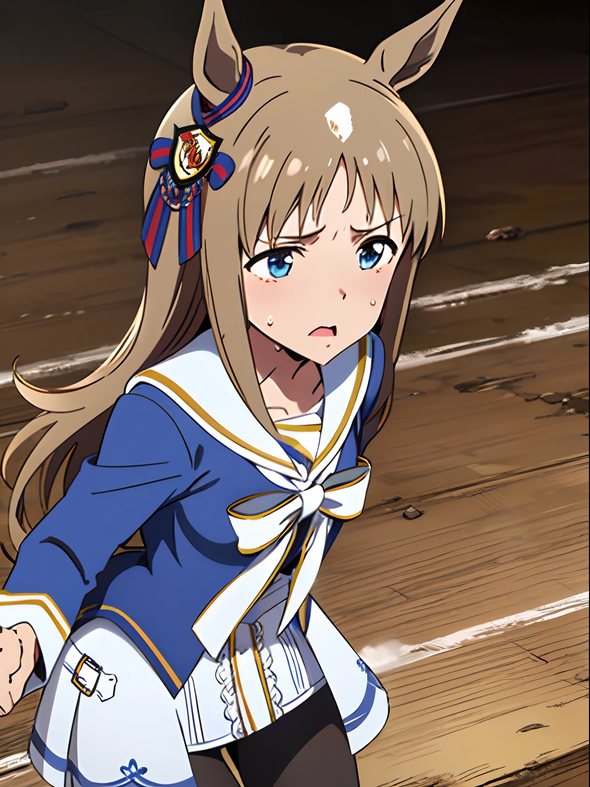 grass wonder \(Umamusume\), 1 girl, Solo, Best Quality, masutepiece, 8K, High resolution, Ultra-detailed, Front view, ((dash, Sprint)), Blue jacket, White sailor color, Long sleeves, White skirt, Black pantyhose, Sweat, Muddy,