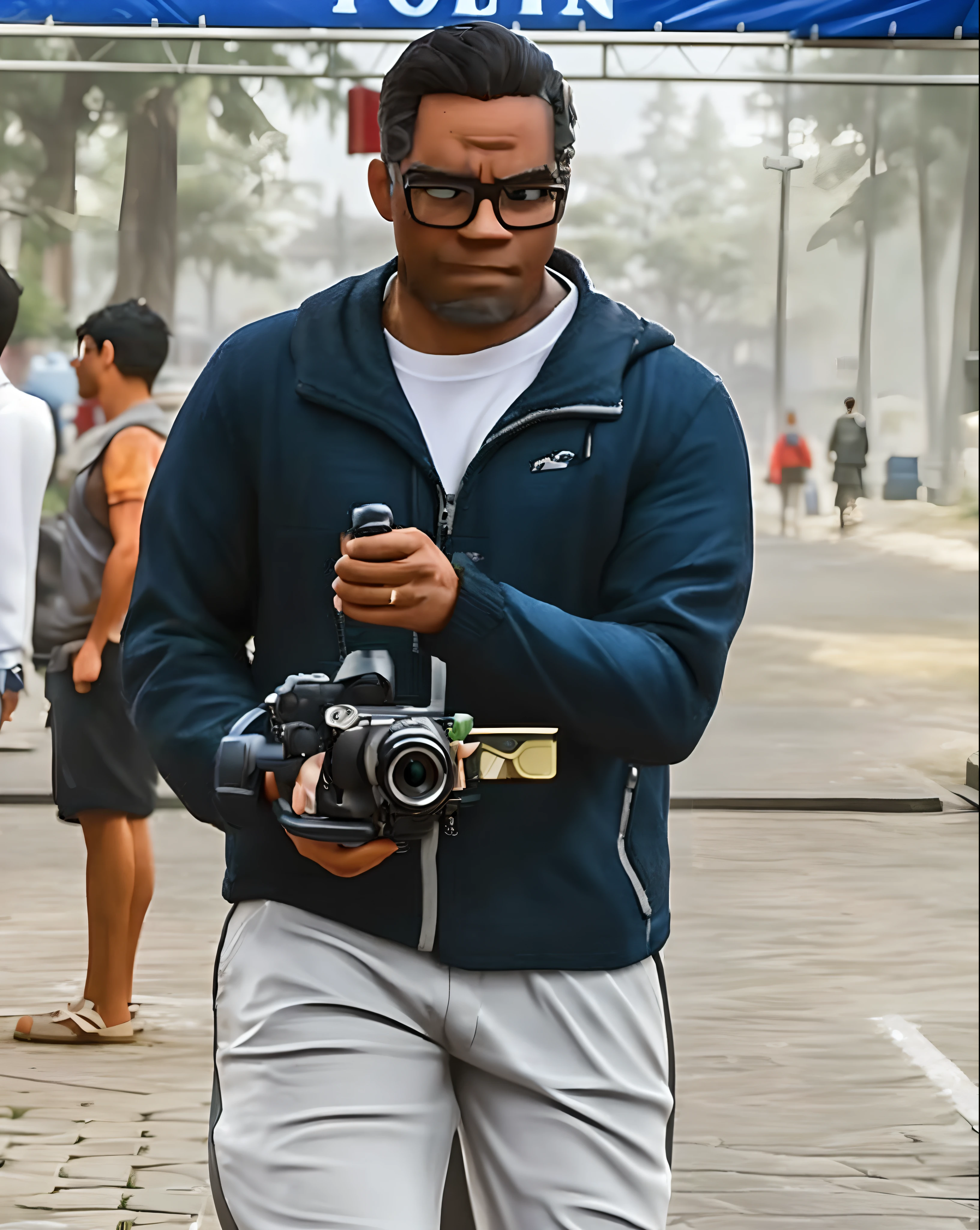 High Quality Art. In an atmospheric setting enveloped in a soft haze, a focused cartoon character with the traits of a cinematographer strides forward. This stylized character, adorned in glasses and depicted in a 3D animated style reminiscent of Pixar, is clad in a dark blue jacket bearing a subtle logo on the left side, and contrasting light gray pants. The character's detailed skin and texture, rendered in superior 8k quality, exude a masterful blend of art and realism. His intensity is palpable as he clutches a meticulously crafted Sony ZV-e10 camera, a paragon of modern technology, with a sharp focus on its intricate details. This camera is expertly mounted on a state-of-the-art DJI Ronin SC gimbal, ensuring fluidity in motion capture. The synergy between the 3D character and his equipment is evident, the former with an expression of profound concentration, and the latter exuding an aura of sleek efficiency. The character's close-up pose reveals a detailed clay texture, brought to life with cinematic lighting and a masterful 1.2 piece rendering using Arnold Maya and keyshot toon rendering. In the blurred background, figures move about, juxtaposing the clear intent of the 3D rendered character with the ambient meanderings of the world around him, all accentuated with a bokeh effect. The cobblestone pathway underfoot and the trees in the mist further enhance the depth and ambiance of this evocative scene.