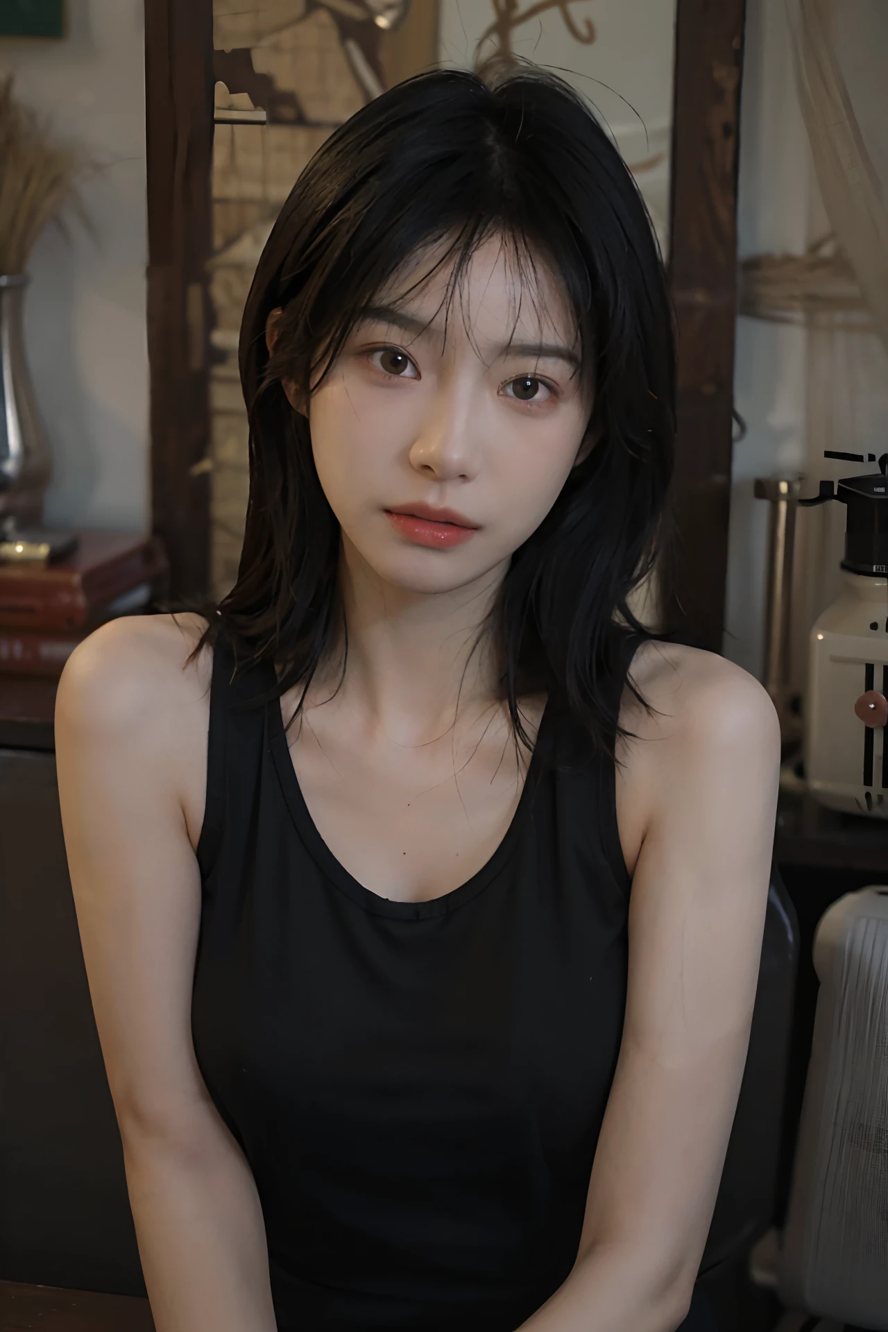 masterpiece,(best quality,top quality,8k) professional light,detailed face,detailed eyes,(photorealistic),realistic,Japanese girl wearing white crop top,short hair,messy hair,medium boobs,looking at viewer,sexy face,white room,surreal,majestic
