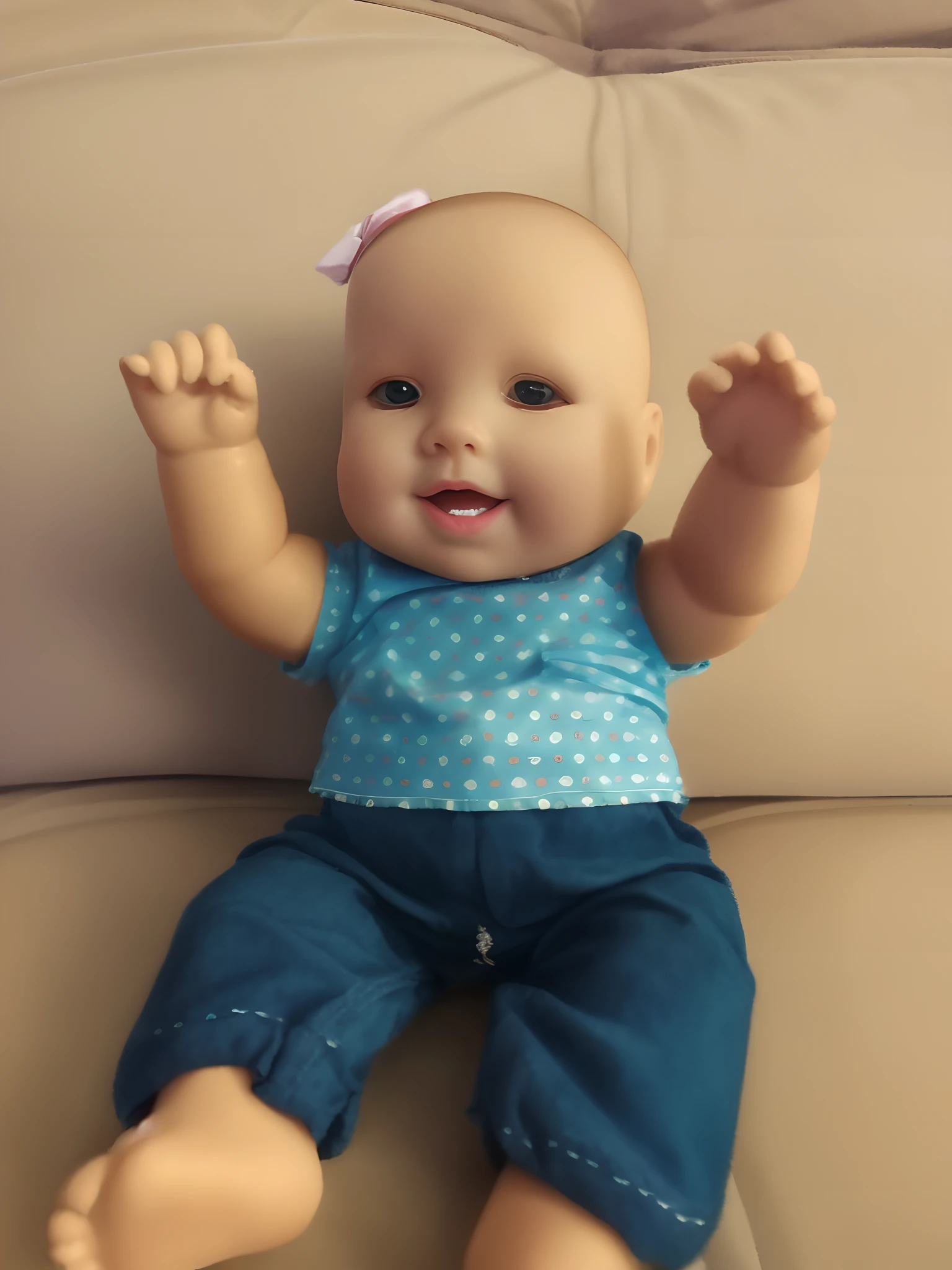 A closeup of a doll sitting on a sofa, doll in hand, boneca pocelain bonito, foto do brinquedo, Kewpie, plastic doll, ela tem um rosto expressivo bonito, super fofo, olhando bonito, sorriso alegre, kawaii shirt and jeans, fobia de boneca, fazendo uma pose atrevida, boneca, super adorable, several dolls in one photo