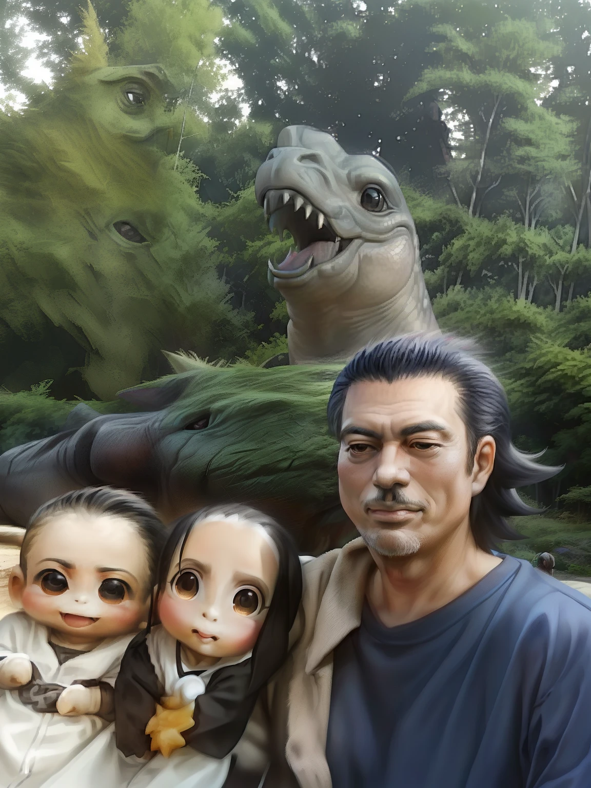 Man and woman pose with child in front of dinosaur, next to the dinosaur are cavemen, Jurassic image, Dinossauro Trex, Tiranossauro rex, t - rex, T-Rex, Directed by: David Ruby, Family photo, dinossauro, 3 5 year brazilian mother, Dinossauros, marido esposa e filho, Tiranossauro, family portrait