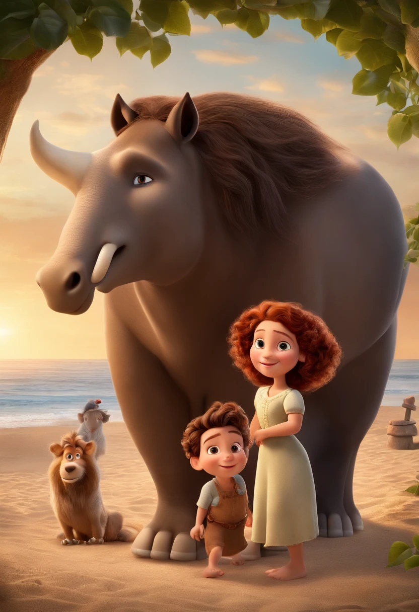 a Disney Pixar movie poster showing a white-skinned family. The father is the tallest, Tem barba curta, loiro, cabelos curtos e espinhosos. The mother has brown eyes and hair, shoulder-length and is slightly overweight. A tem 4 anos e cabelos castanhos, roupa rosa e rabos de cavalo. The background is a beach garden. 3D-rendering