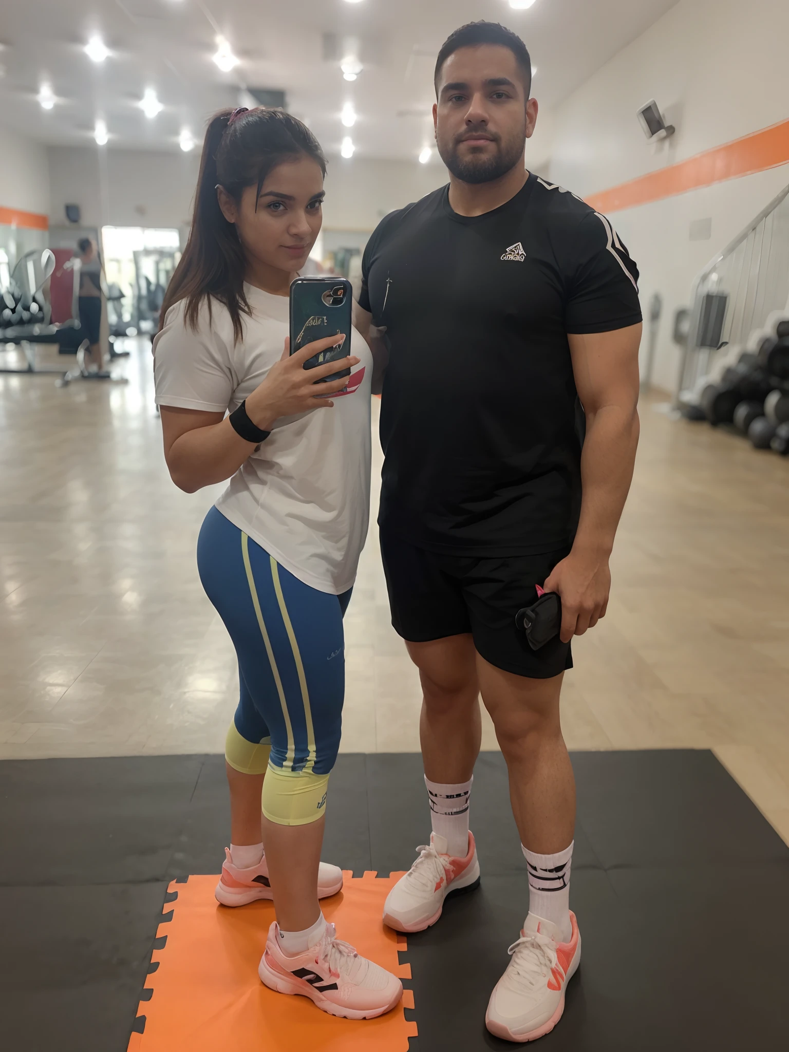 There's a man and a woman standing on a mat in a gym, foto fit, malhar, em uma academia, 🤬 🤮 💕 🎀, imagem de perfil, foto do perfil, Karla Ortiz, usando equipamento de fitness, thicc, coxas grossas, imagem de corpo inteiro, pernas grossas, coxas grandes, local gym, largest haunches ever, foto muito precisa, curvy crossfit build