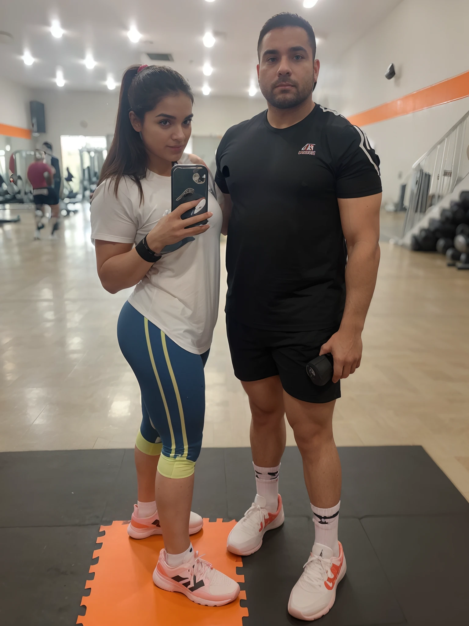 There's a man and a woman standing on a mat in a gym, foto fit, malhar, em uma academia, 🤬 🤮 💕 🎀, imagem de perfil, foto do perfil, Karla Ortiz, usando equipamento de fitness, thicc, coxas grossas, imagem de corpo inteiro, pernas grossas, coxas grandes, local gym, largest haunches ever, foto muito precisa, curvy crossfit build