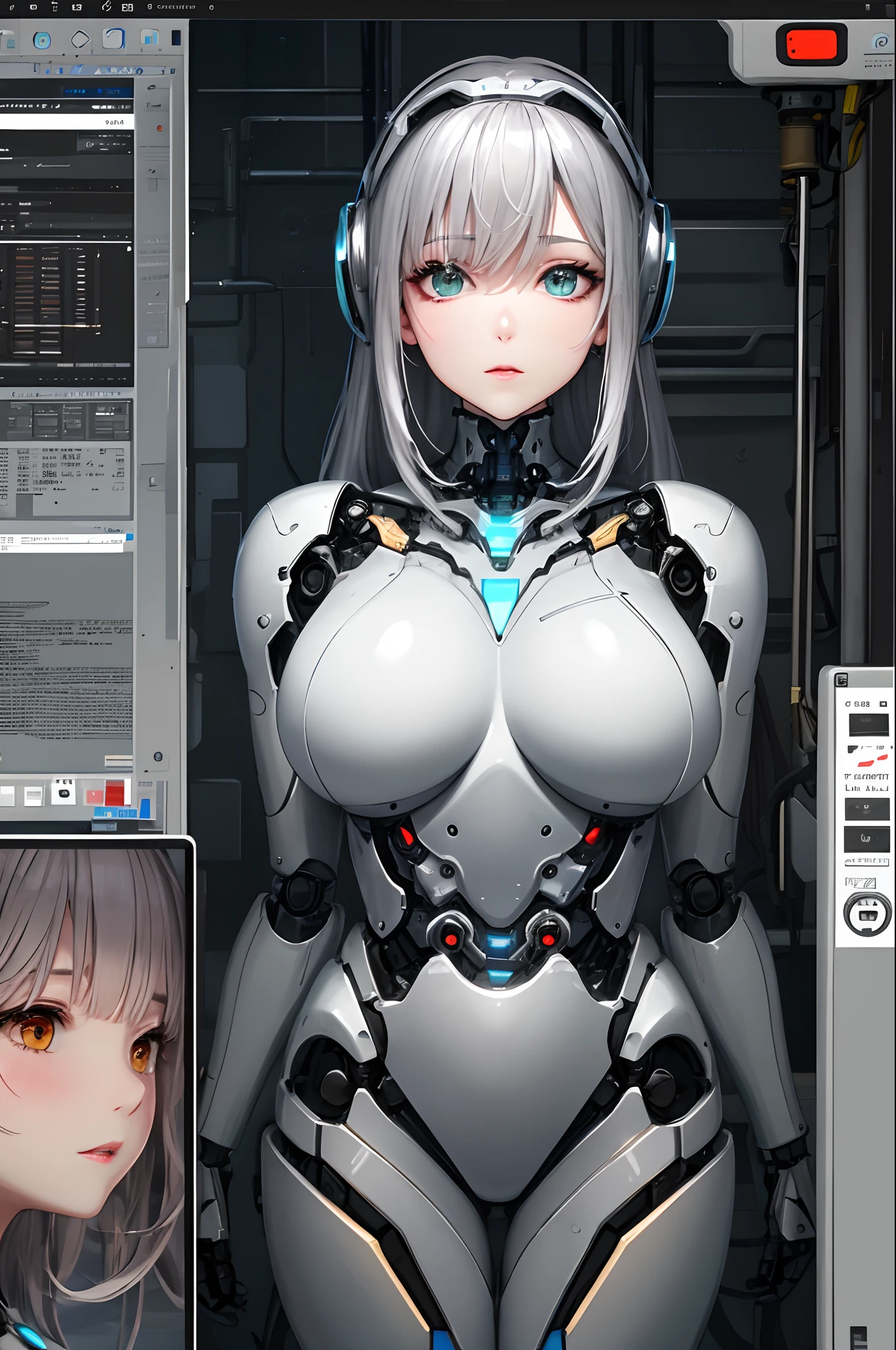 Robot manufacturing plant、Conversion bed、On the monitor is my human self、Japan woman reborn as a robot、age 40s、chubby figure、large full breasts、Silver metallic body、deadpan、Eyes light up green、A dividing line from both ends of the lips to the chin like a pantomime doll、The internal mechanism is exposed、