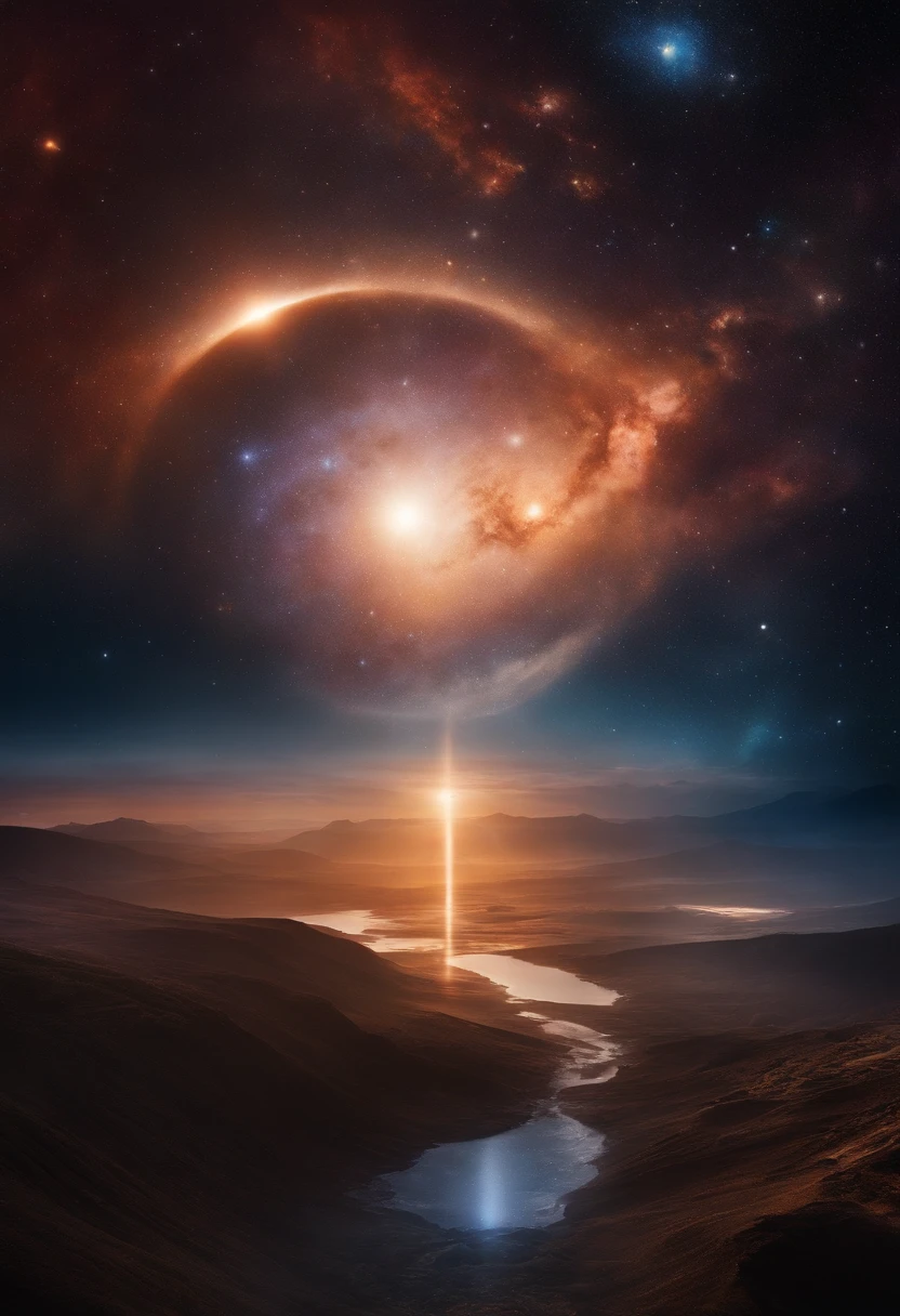 "Incarnate Cosmic Essence: Criando uma imagem que retrata o universo como um ser humano. Imagine a person whose essence is intertwined with the universe, Radiates cosmic energy and wonder. Highlight elements such as spinning galaxies, estrelas, E a nebulosa em sua forma. Use celestial color palettes that blend deep space hues with ethereal glow. The image should evoke a sense of transcendence and infinite possibilities, Get a glimpse into the mysteries of the universe incarnated in human form. 8k UHD, Complex Cosmic Details, paleta de cores celeste, E a atmosfera das maravilhas do universo."